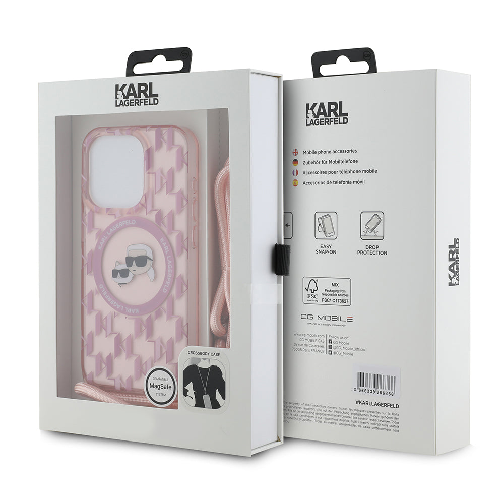 Θήκη MagSafe για Apple iPhone 15 Pro Max, Karl Lagerfeld, IML Crossbody Monogram Karl & Choupette's Heads, Ροζ