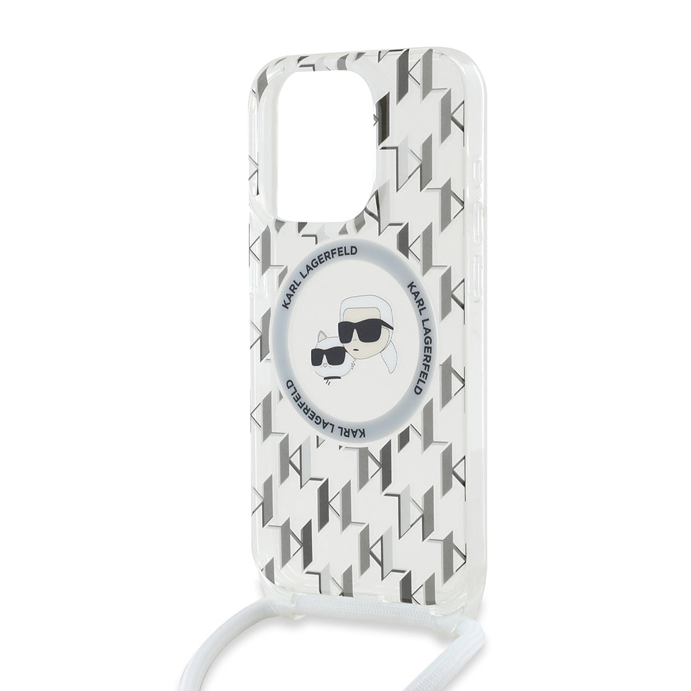 Θήκη MagSafe για Apple iPhone 15 Pro Max, Karl Lagerfeld, IML Crossbody Monogram Karl & Choupette's Heads, Διαφανής