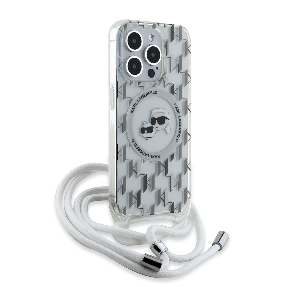 Θήκη MagSafe για Apple iPhone 15 Pro Max, Karl Lagerfeld, IML Crossbody Monogram Karl & Choupette's Heads, Διαφανής