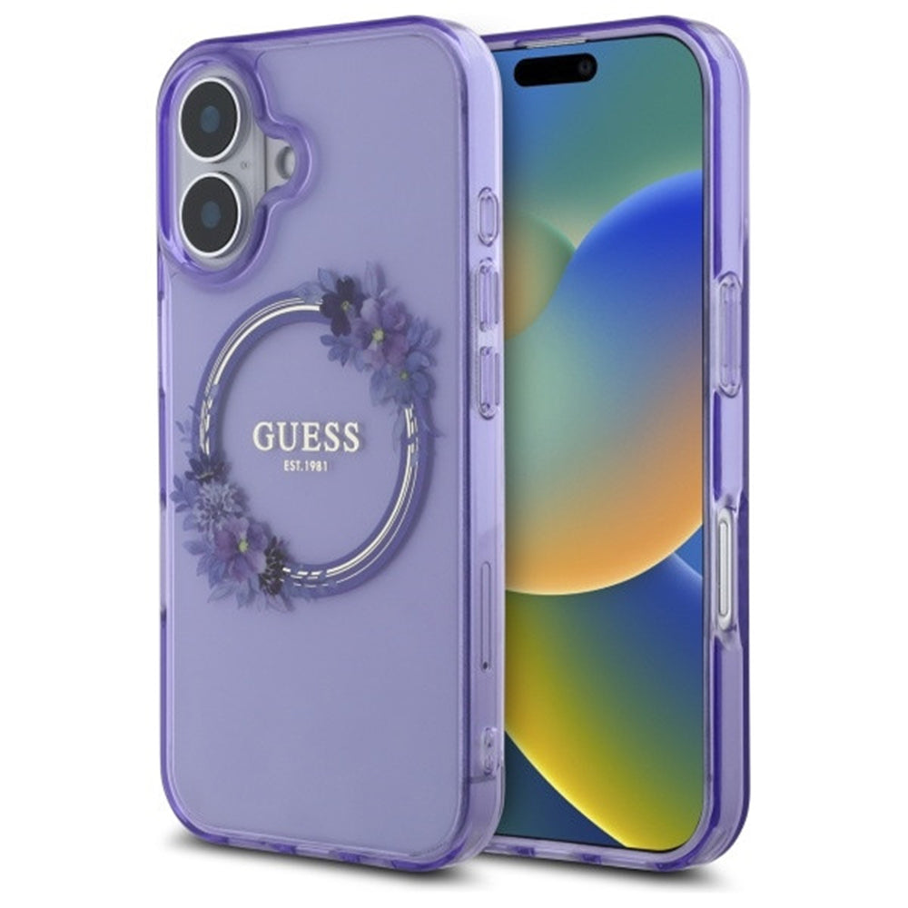 Θήκη MagSafe για Apple iPhone 16, Guess, IML Flowers Wreath, Μωβ
