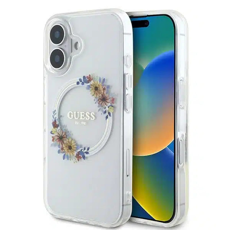 MagSafe Case for Apple iPhone 16, Guess, IML Flowers Wreath, Transparent
