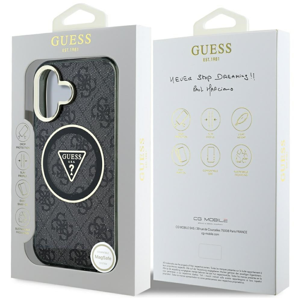 MagSafe Case for Apple iPhone 16, Guess, IML Glitter 4G Circle Triangle, Black