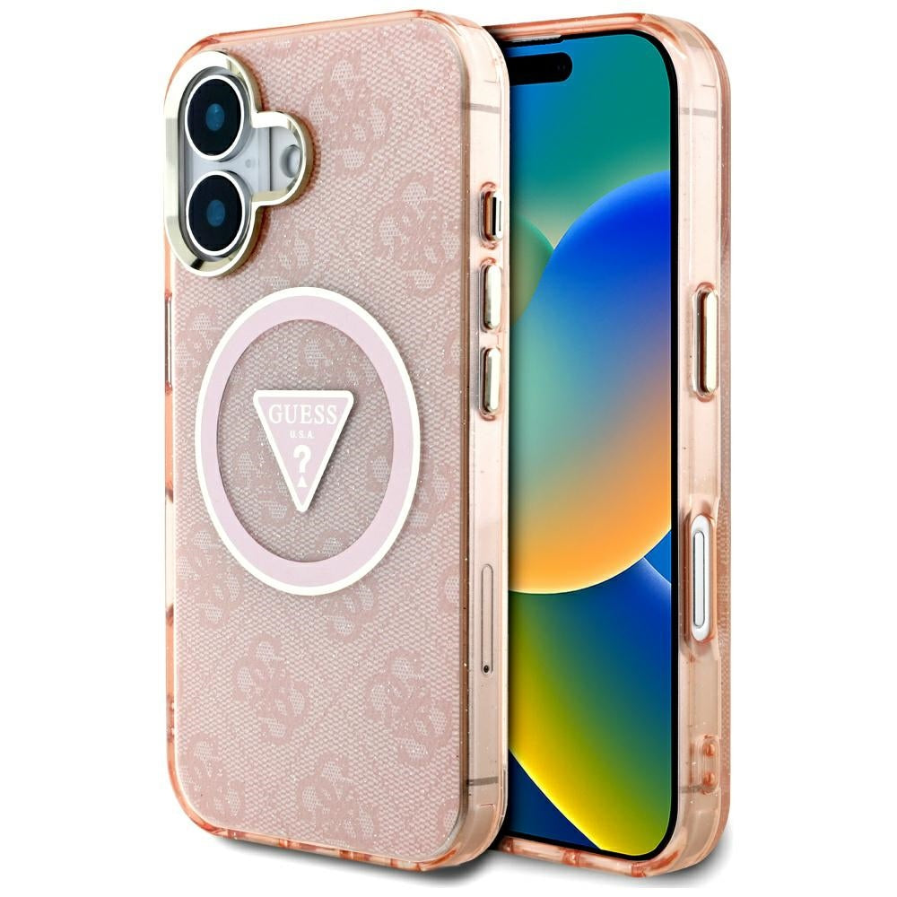 Θήκη MagSafe για Apple iPhone 16, Guess, IML Glitter 4G Circle Triangle, Ροζ