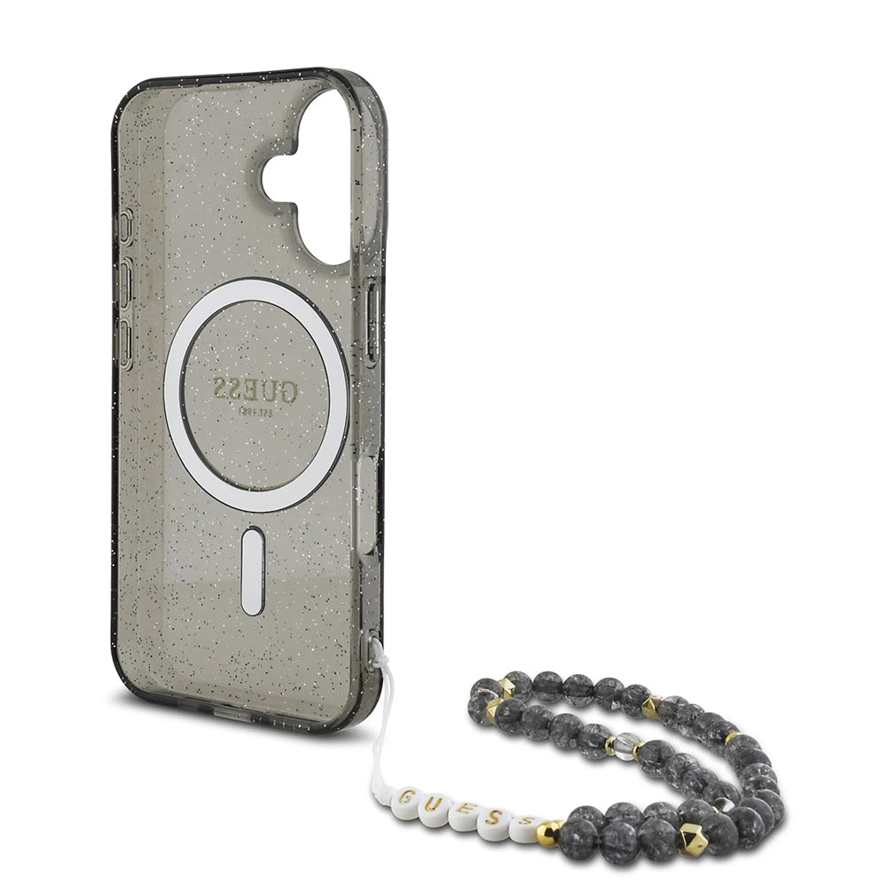 Θήκη MagSafe για Apple iPhone 16, Guess, IML Glitter με Λουράκι Μαργαριταριού, Μαύρη