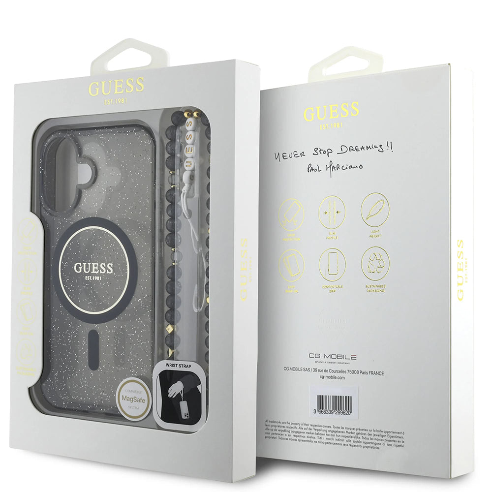 Θήκη MagSafe για Apple iPhone 16, Guess, IML Glitter με Λουράκι Μαργαριταριού, Μαύρη
