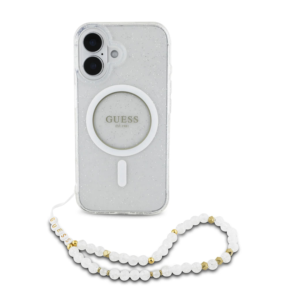 Θήκη MagSafe για Apple iPhone 16, Guess, IML Glitter με Λουράκι Περλών, Διάφανη