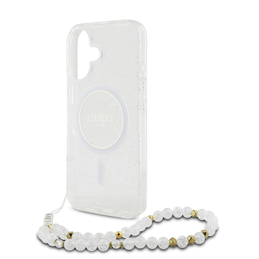 Θήκη MagSafe για Apple iPhone 16, Guess, IML Glitter με Λουράκι Περλών, Διάφανη