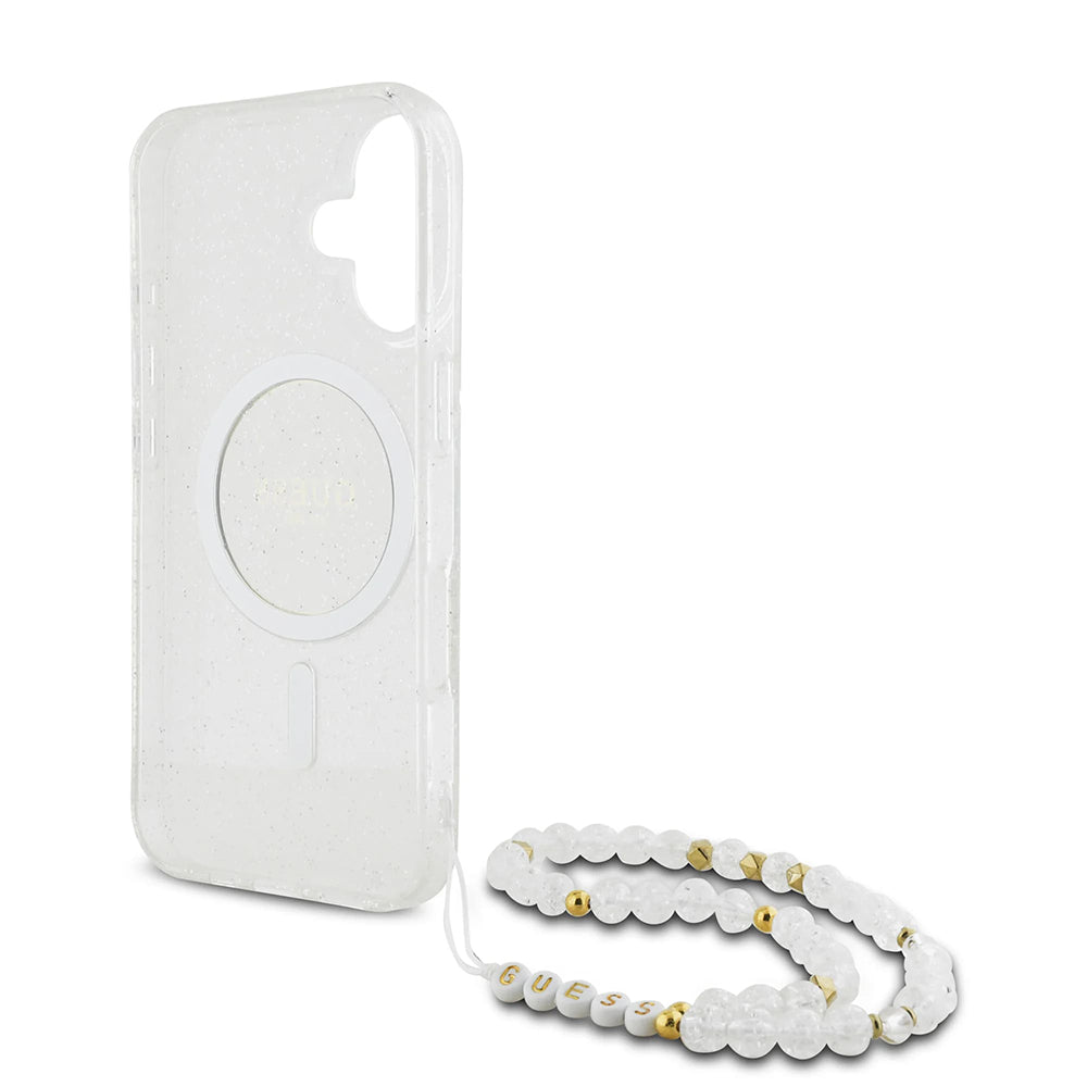 Θήκη MagSafe για Apple iPhone 16, Guess, IML Glitter με Λουράκι Περλών, Διάφανη