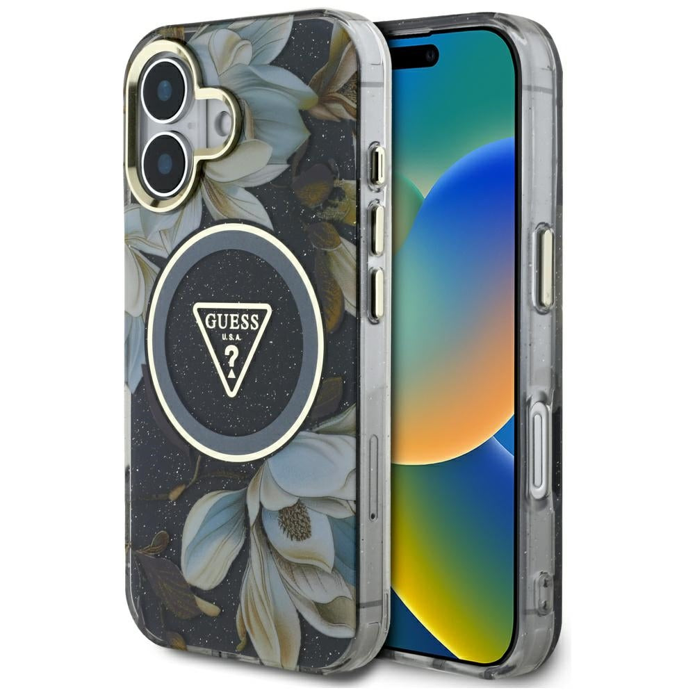 Θήκη MagSafe για Apple iPhone 16, Guess, IML Metal Glitter Flowers Triangle, Μαύρη