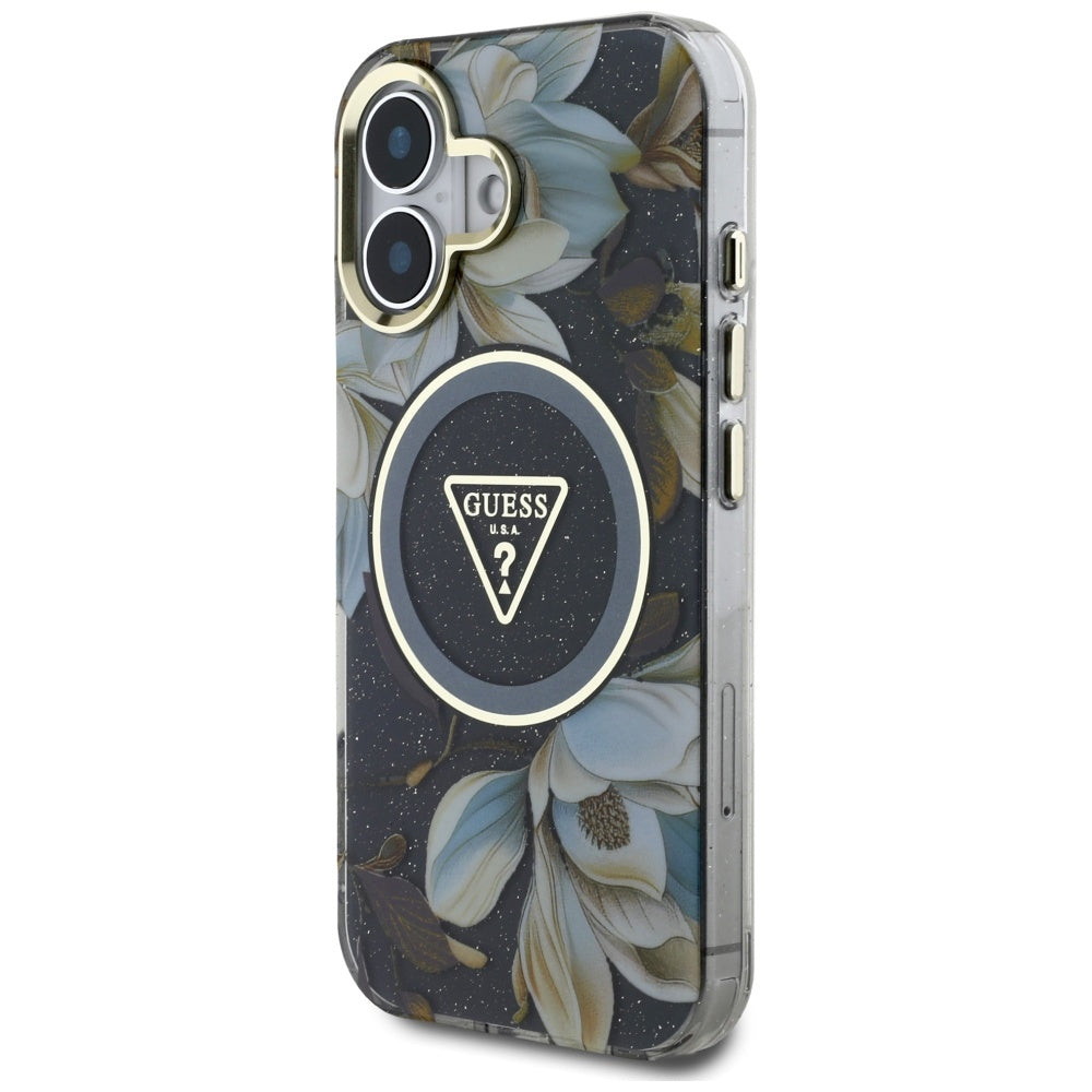 Θήκη MagSafe για Apple iPhone 16, Guess, IML Metal Glitter Flowers Triangle, Μαύρη