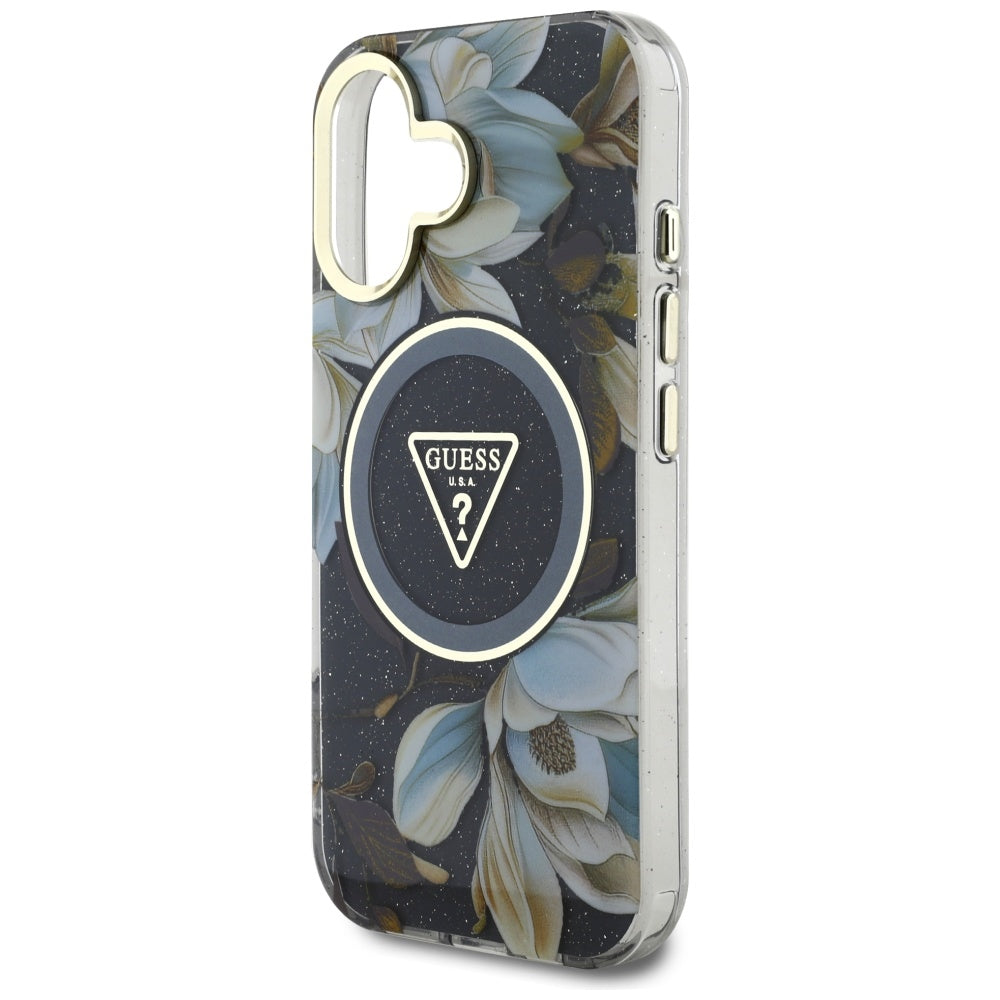 Θήκη MagSafe για Apple iPhone 16, Guess, IML Metal Glitter Flowers Triangle, Μαύρη