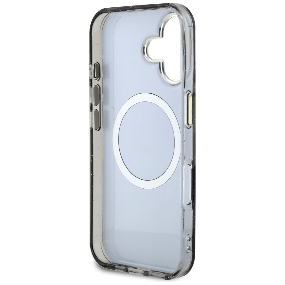 Θήκη MagSafe για Apple iPhone 16, Guess, IML Metal Glitter Flowers Triangle, Μαύρη