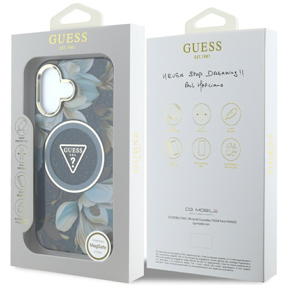 Θήκη MagSafe για Apple iPhone 16, Guess, IML Metal Glitter Flowers Triangle, Μαύρη