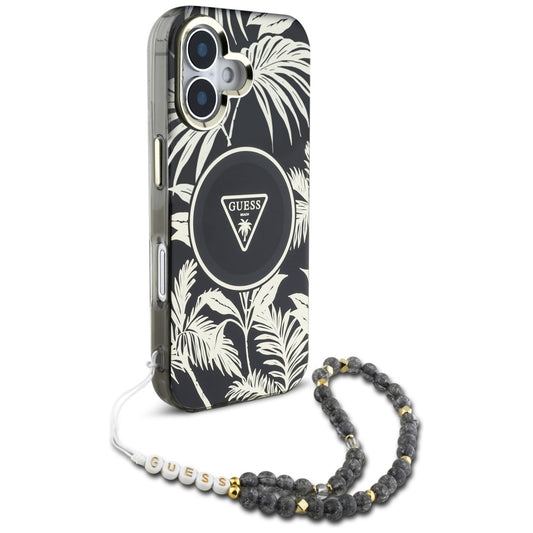 Θήκη MagSafe για Apple iPhone 16, Guess, IML Palm Trees Triangle με Pearl Strap, Μαύρη