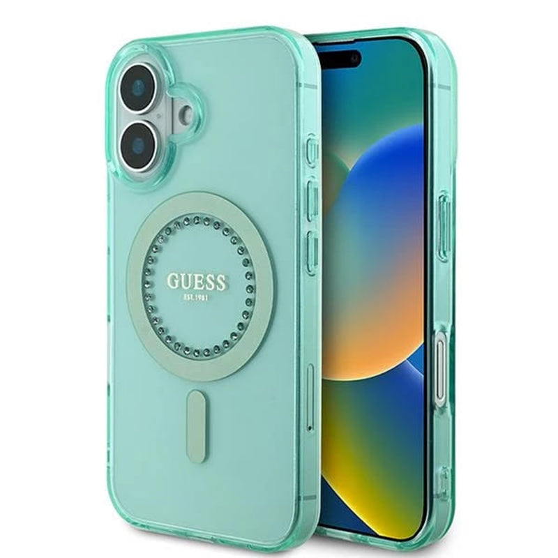 Θήκη MagSafe για Apple iPhone 16, Guess, IML Rhinestone, Πράσινη