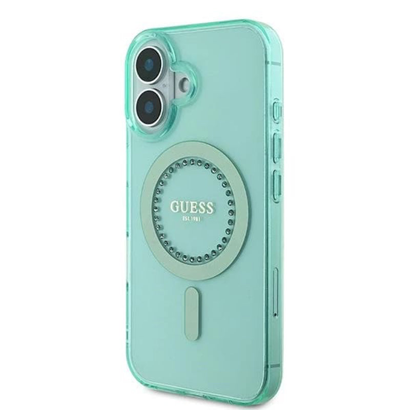 Θήκη MagSafe για Apple iPhone 16, Guess, IML Rhinestone, Πράσινη