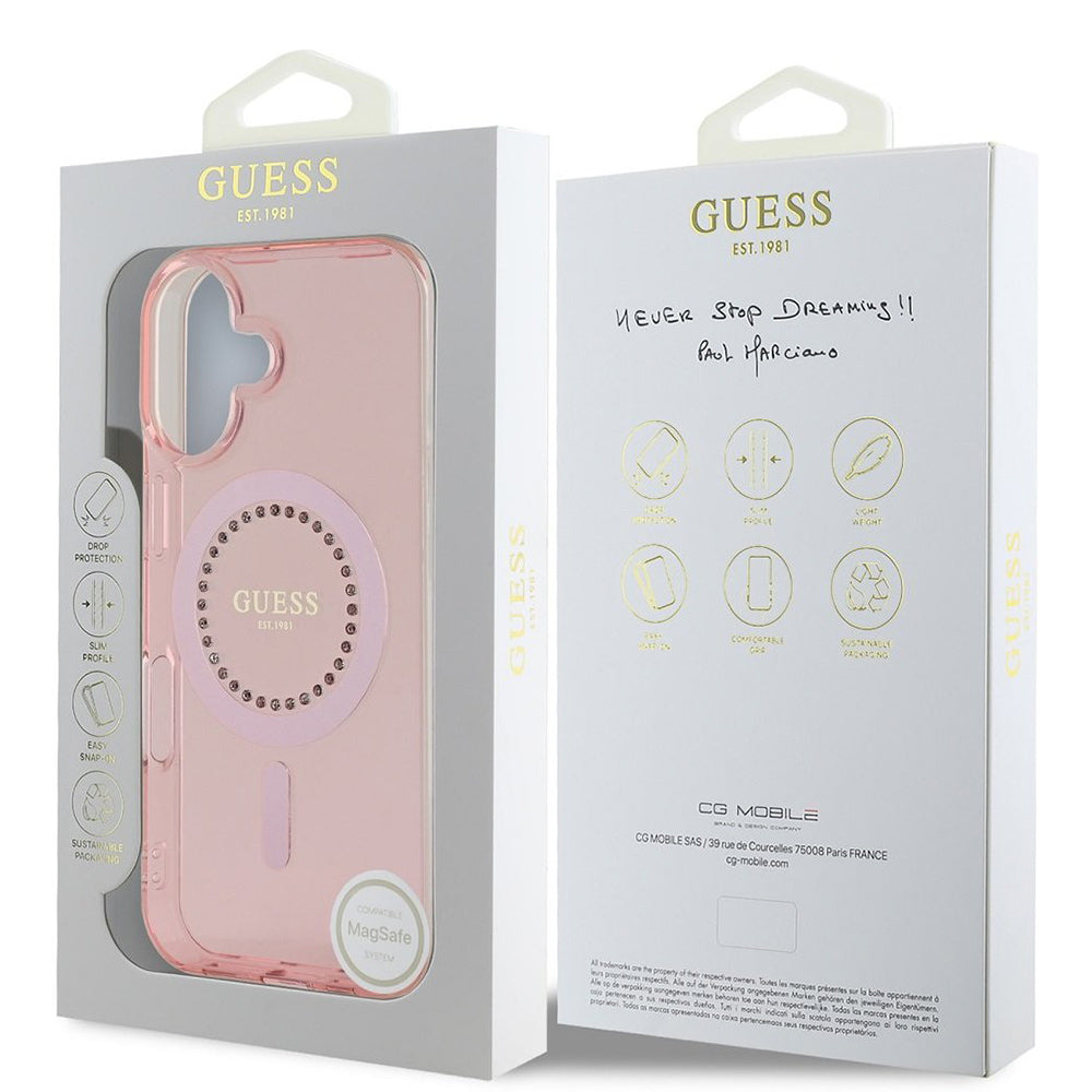 Θήκη MagSafe για Apple iPhone 16, Guess, IML Rhinestones Ring, Ροζ GUHMP16SPFTDTEP