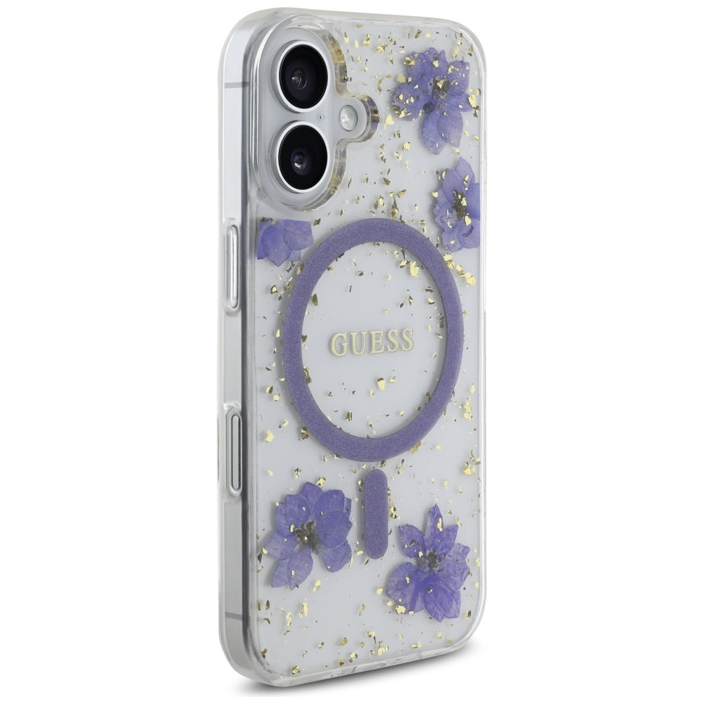 Θήκη MagSafe για Apple iPhone 16, Guess, Resin Flowers and Glitter, Μοβ
