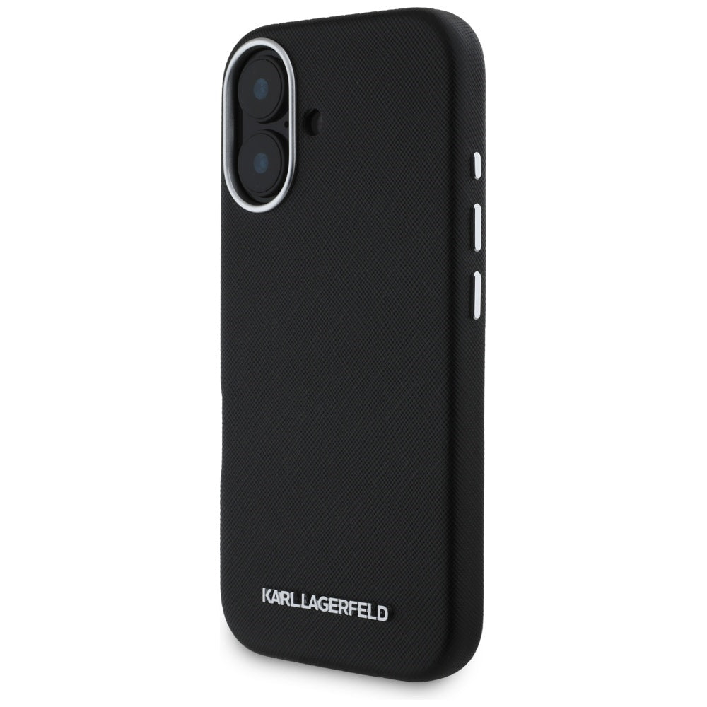 Θήκη MagSafe για Apple iPhone 16, Karl Lagerfeld, Saffiano Full Wrapped Elongated Metal Logo, Μαύρη