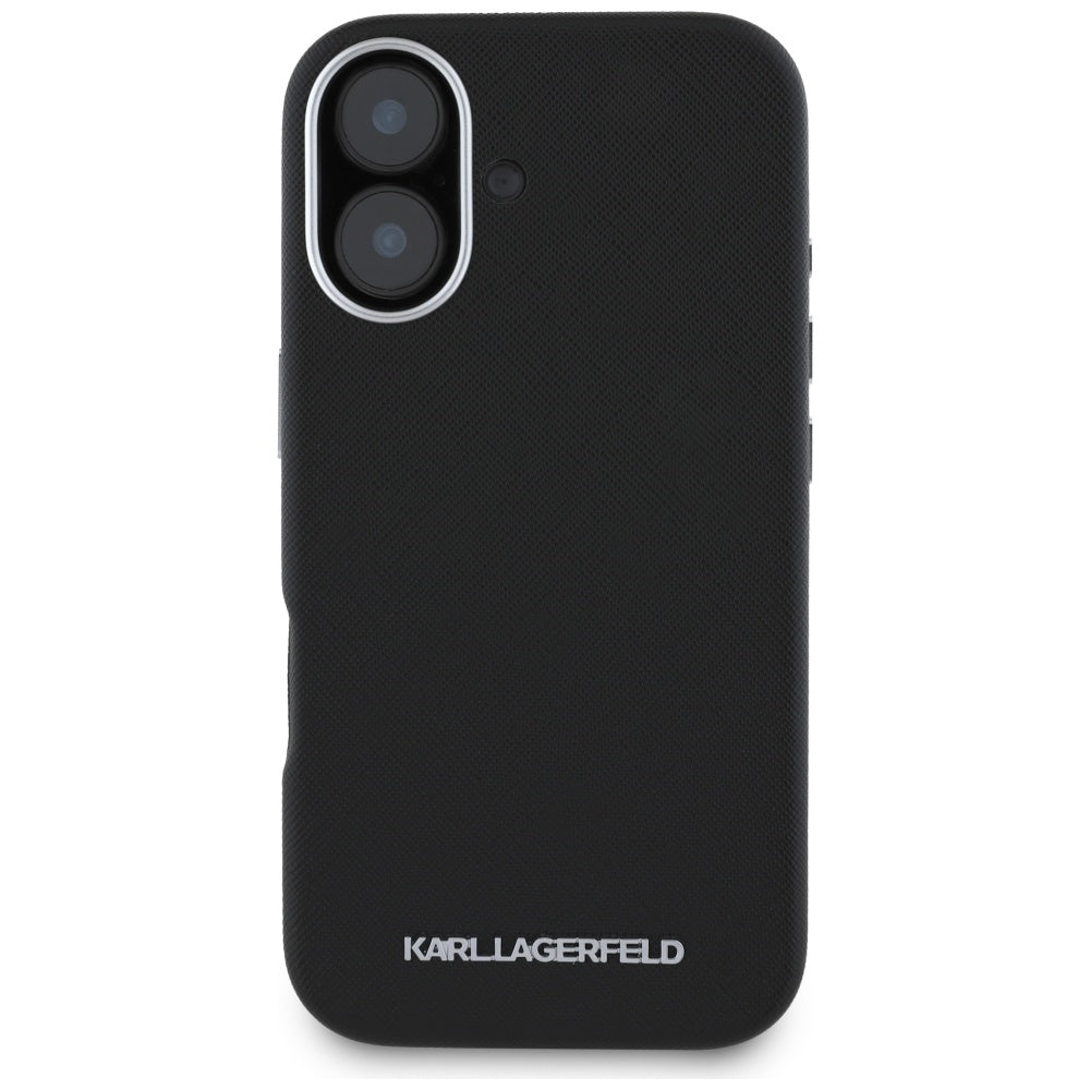 Θήκη MagSafe για Apple iPhone 16, Karl Lagerfeld, Saffiano Full Wrapped Elongated Metal Logo, Μαύρη