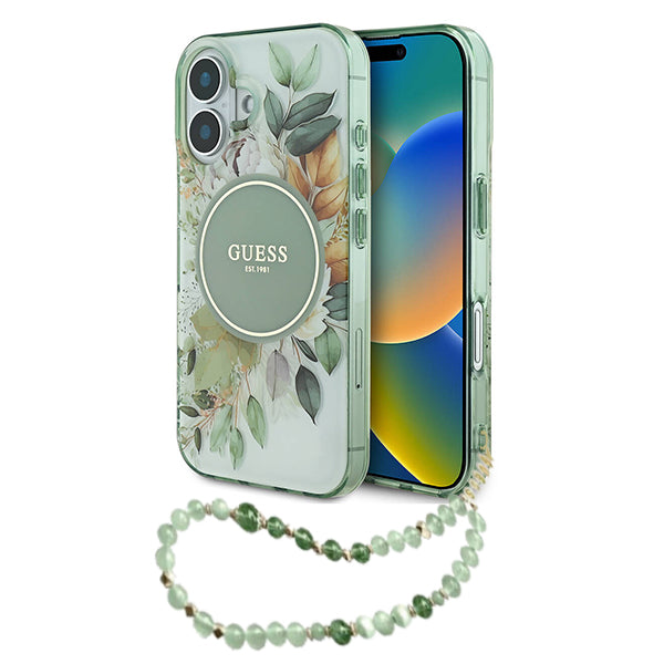Θήκη MagSafe για Apple iPhone 16 Plus, Guess, IML Flowers with Pearl Strap, Πράσινο