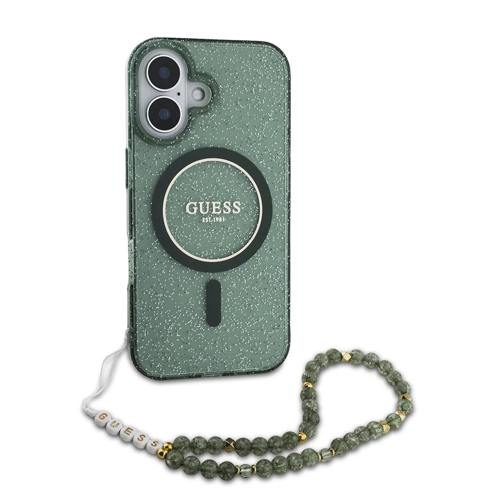 Θήκη MagSafe για Apple iPhone 16 Plus, Guess, IML Glitter με Λουράκι Μαργαριταριού, Πράσινη