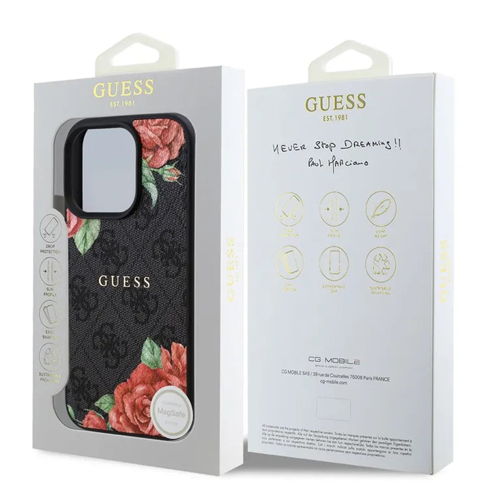 Θήκη MagSafe για Apple iPhone 16 Pro, Guess, 4G Flowers Print, Μαύρη