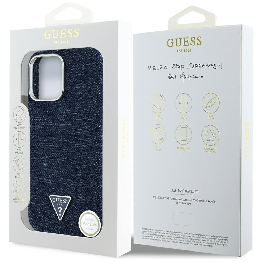 Θήκη MagSafe για Apple iPhone 16 Pro, Guess, Denim Triangle Logo, Μπλε