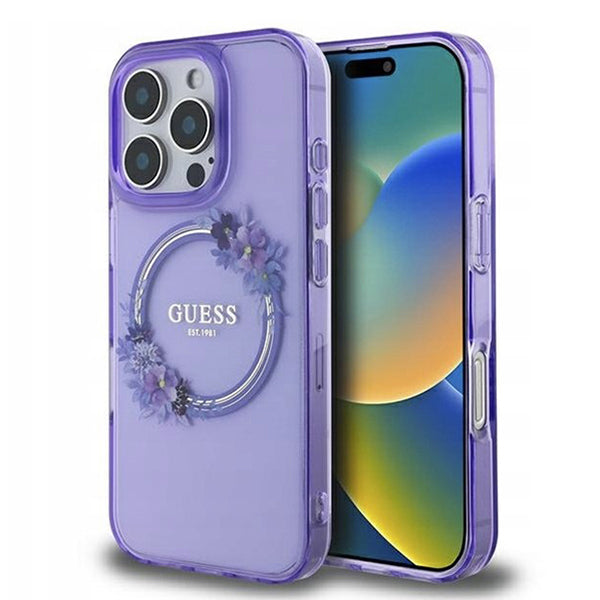Θήκη MagSafe για Apple iPhone 16 Pro, Guess, IML Flowers Wreath, Μωβ