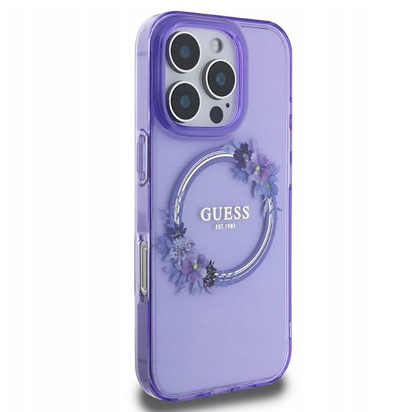 Θήκη MagSafe για Apple iPhone 16 Pro, Guess, IML Flowers Wreath, Μωβ