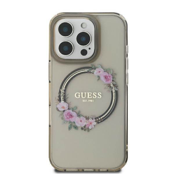 Θήκη MagSafe για Apple iPhone 16 Pro, Guess, IML Flowers Wreath, Μαύρη