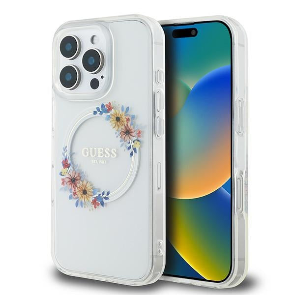 Θήκη MagSafe για Apple iPhone 16 Pro, Guess, IML Flowers Wreath, Διάφανη