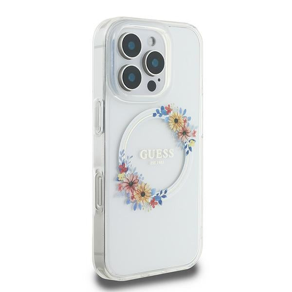 Θήκη MagSafe για Apple iPhone 16 Pro, Guess, IML Flowers Wreath, Διάφανη