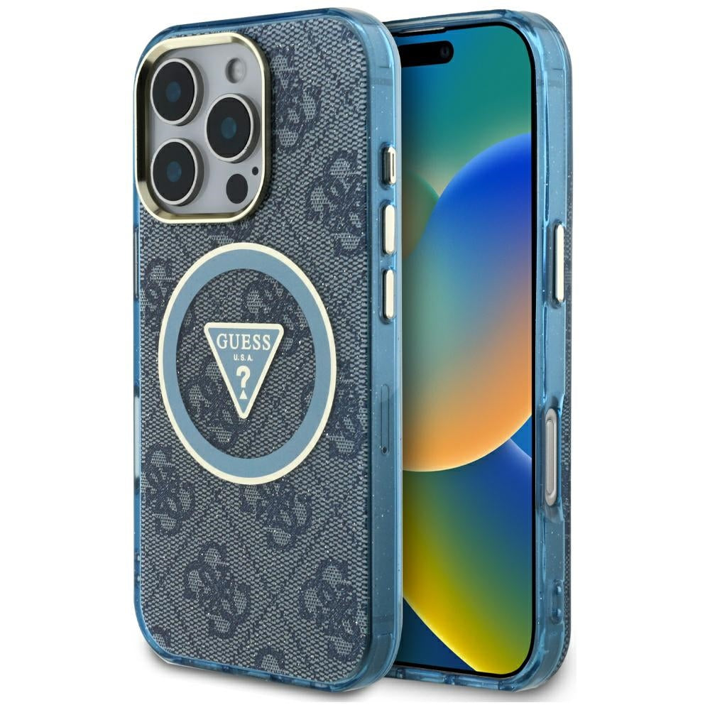Θήκη MagSafe για Apple iPhone 16 Pro, Guess, IML Glitter 4G Circle Triangle, Μπλε