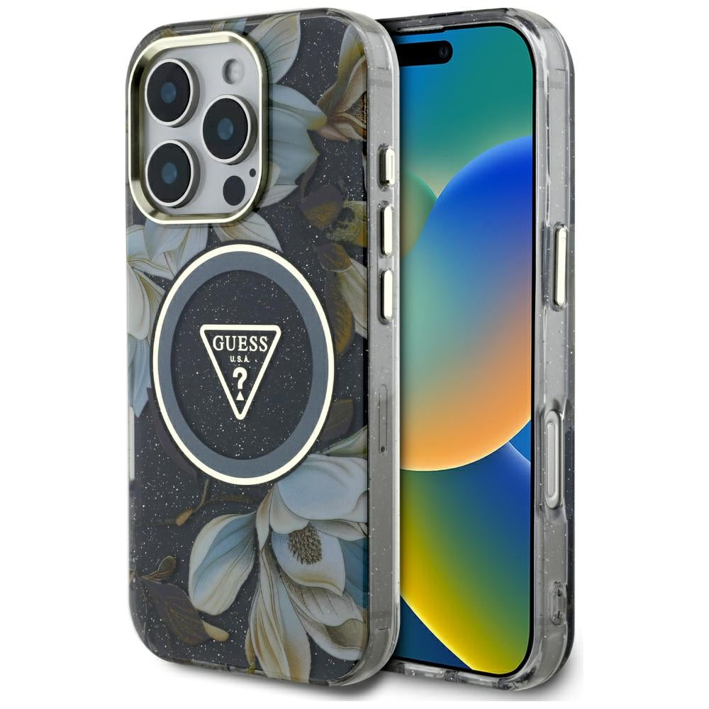 Θήκη MagSafe για Apple iPhone 16 Pro, Guess, IML Metal Glitter Flowers Triangle, Μαύρη