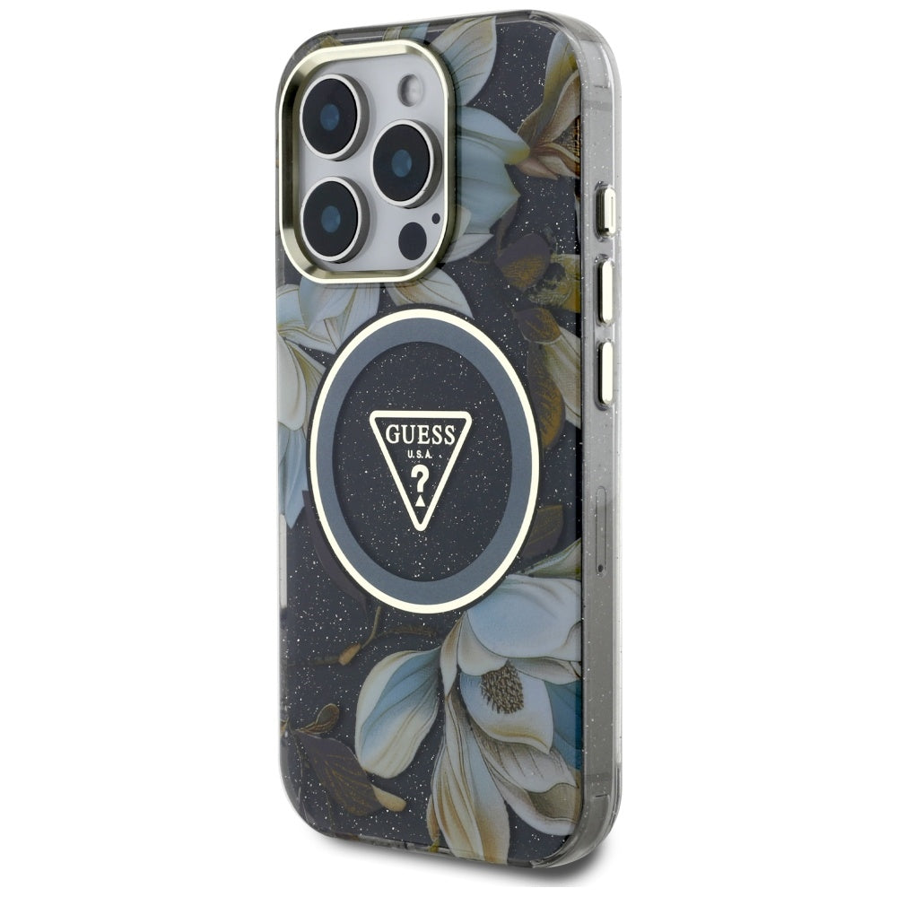 Θήκη MagSafe για Apple iPhone 16 Pro, Guess, IML Metal Glitter Flowers Triangle, Μαύρη