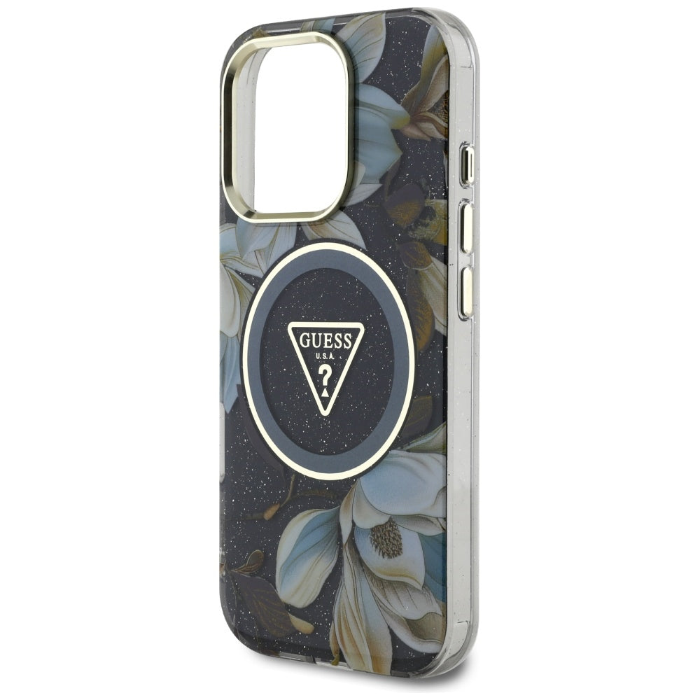 Θήκη MagSafe για Apple iPhone 16 Pro, Guess, IML Metal Glitter Flowers Triangle, Μαύρη