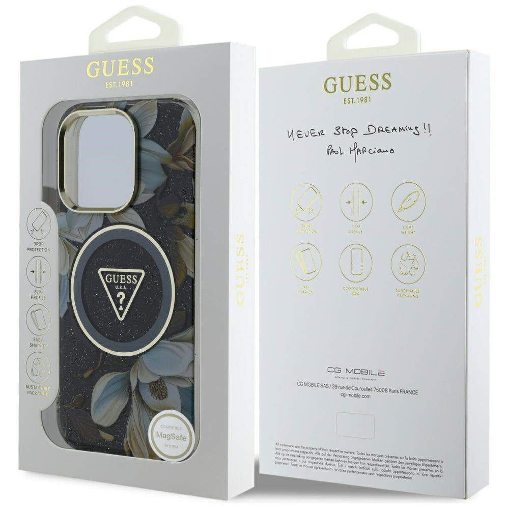 Θήκη MagSafe για Apple iPhone 16 Pro, Guess, IML Metal Glitter Flowers Triangle, Μαύρη