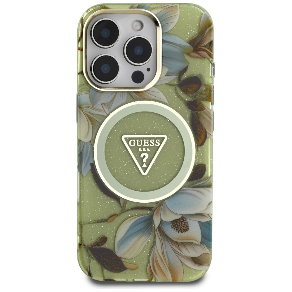 Θήκη MagSafe για Apple iPhone 16 Pro, Guess, IML Metal Glitter Flowers Triangle, Πράσινο