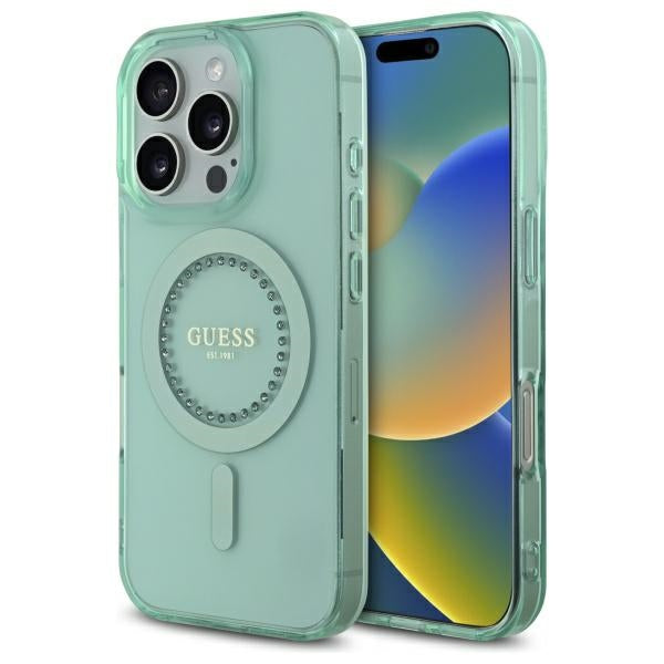 Θήκη MagSafe για Apple iPhone 16 Pro, Guess, IML Rhinestone, Πράσινη