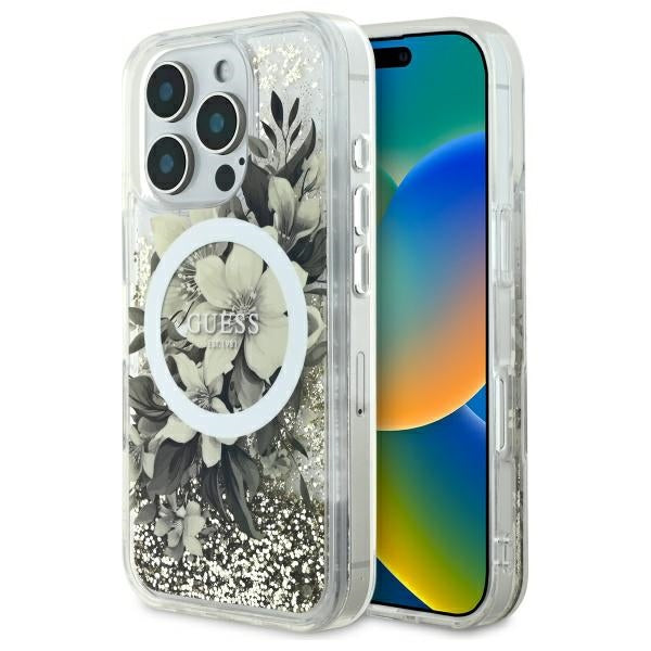Θήκη MagSafe για Apple iPhone 16 Pro, Guess, Liquid Glitter Flower, Μπεζ