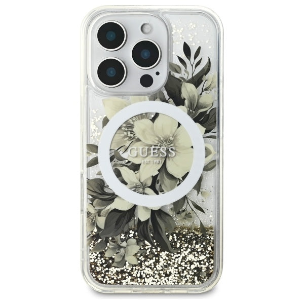 Θήκη MagSafe για Apple iPhone 16 Pro, Guess, Liquid Glitter Flower, Μπεζ