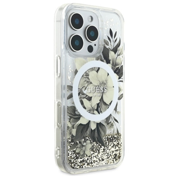 Θήκη MagSafe για Apple iPhone 16 Pro, Guess, Liquid Glitter Flower, Μπεζ