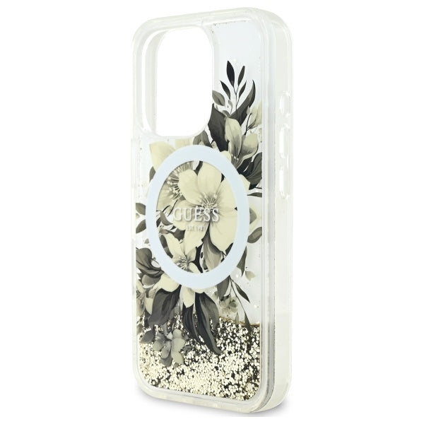 Θήκη MagSafe για Apple iPhone 16 Pro, Guess, Liquid Glitter Flower, Μπεζ