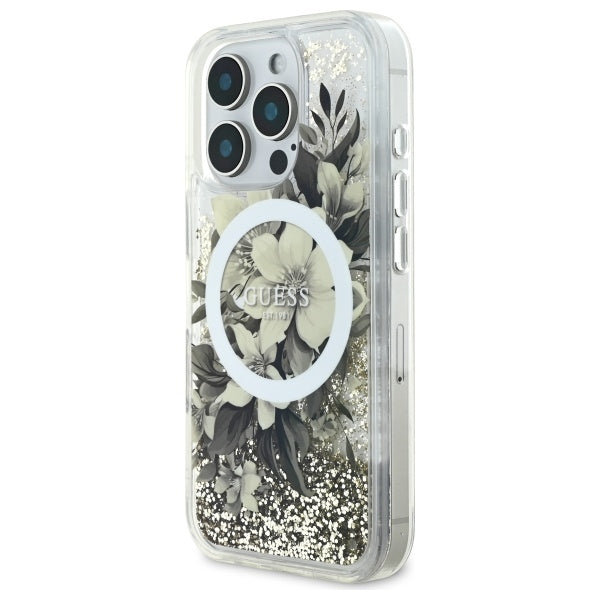 Θήκη MagSafe για Apple iPhone 16 Pro, Guess, Liquid Glitter Flower, Μπεζ