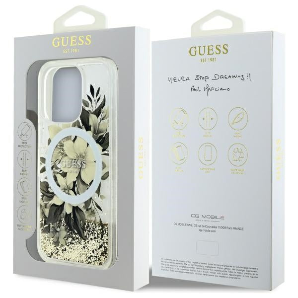 Θήκη MagSafe για Apple iPhone 16 Pro, Guess, Liquid Glitter Flower, Μπεζ