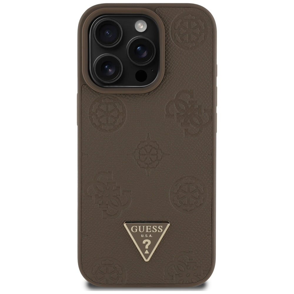 MagSafe Case for Apple iPhone 16 Pro, Guess, Peony Grained Hot Stamp Triangle, Brown