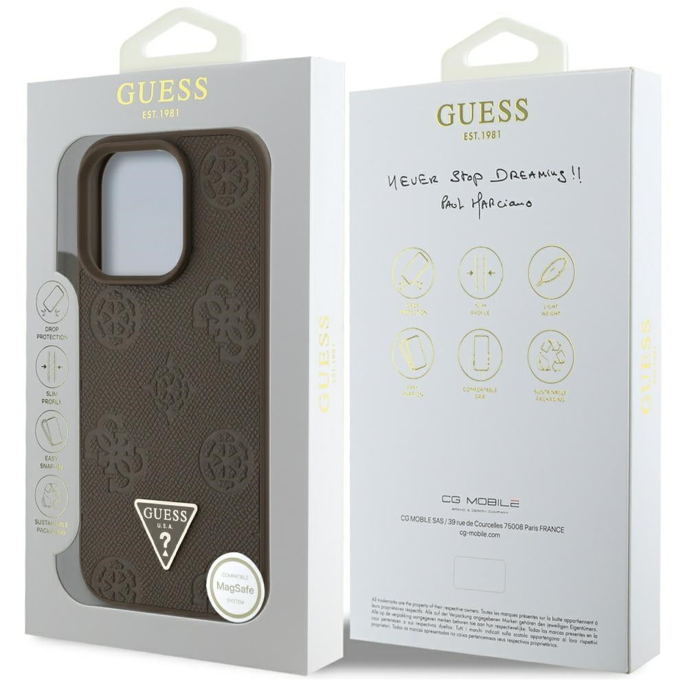 MagSafe Case for Apple iPhone 16 Pro, Guess, Peony Grained Hot Stamp Triangle, Brown