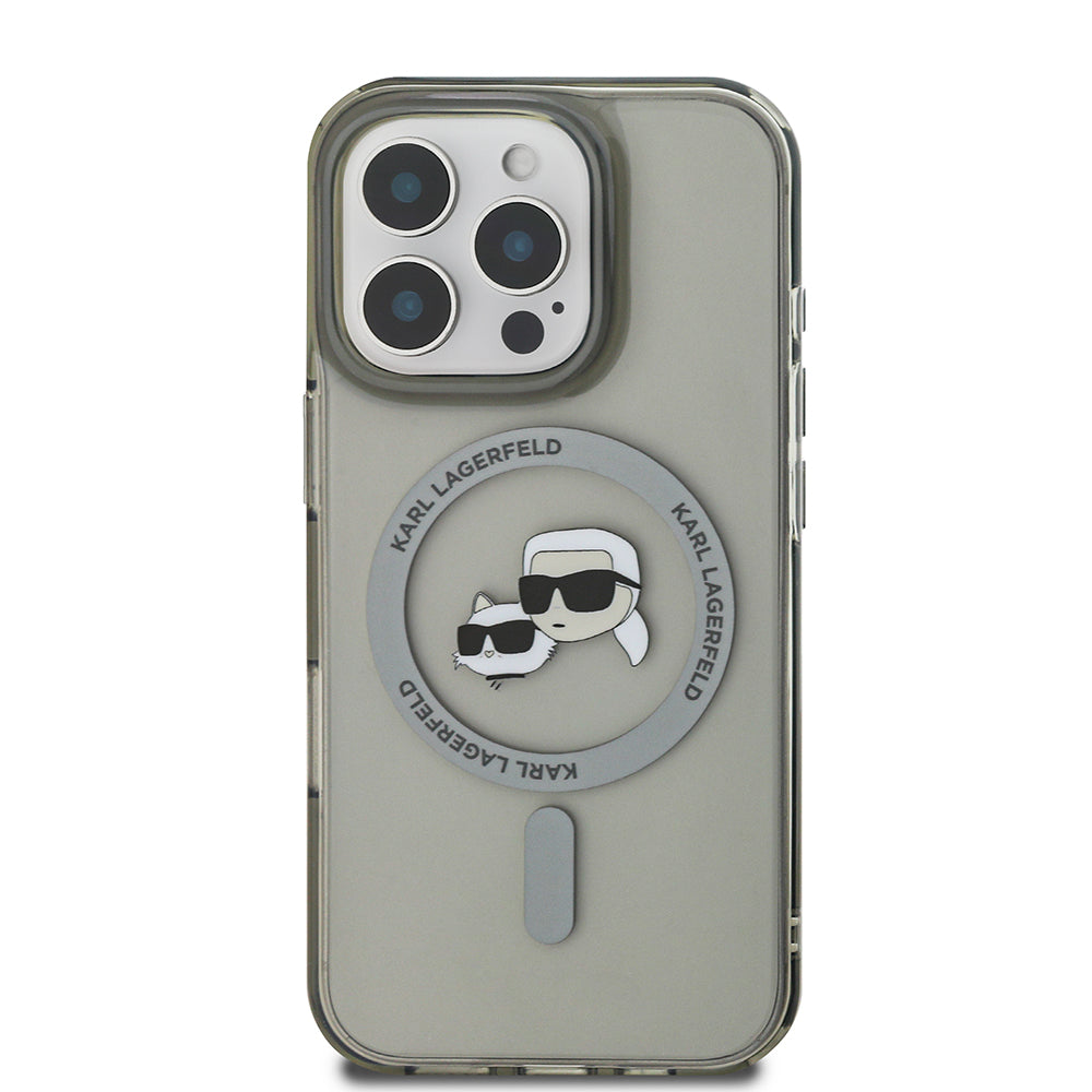 MagSafe Case for Apple iPhone 16 Pro, Karl Lagerfeld, IML Metal Karl & Choupette's Heads, Black