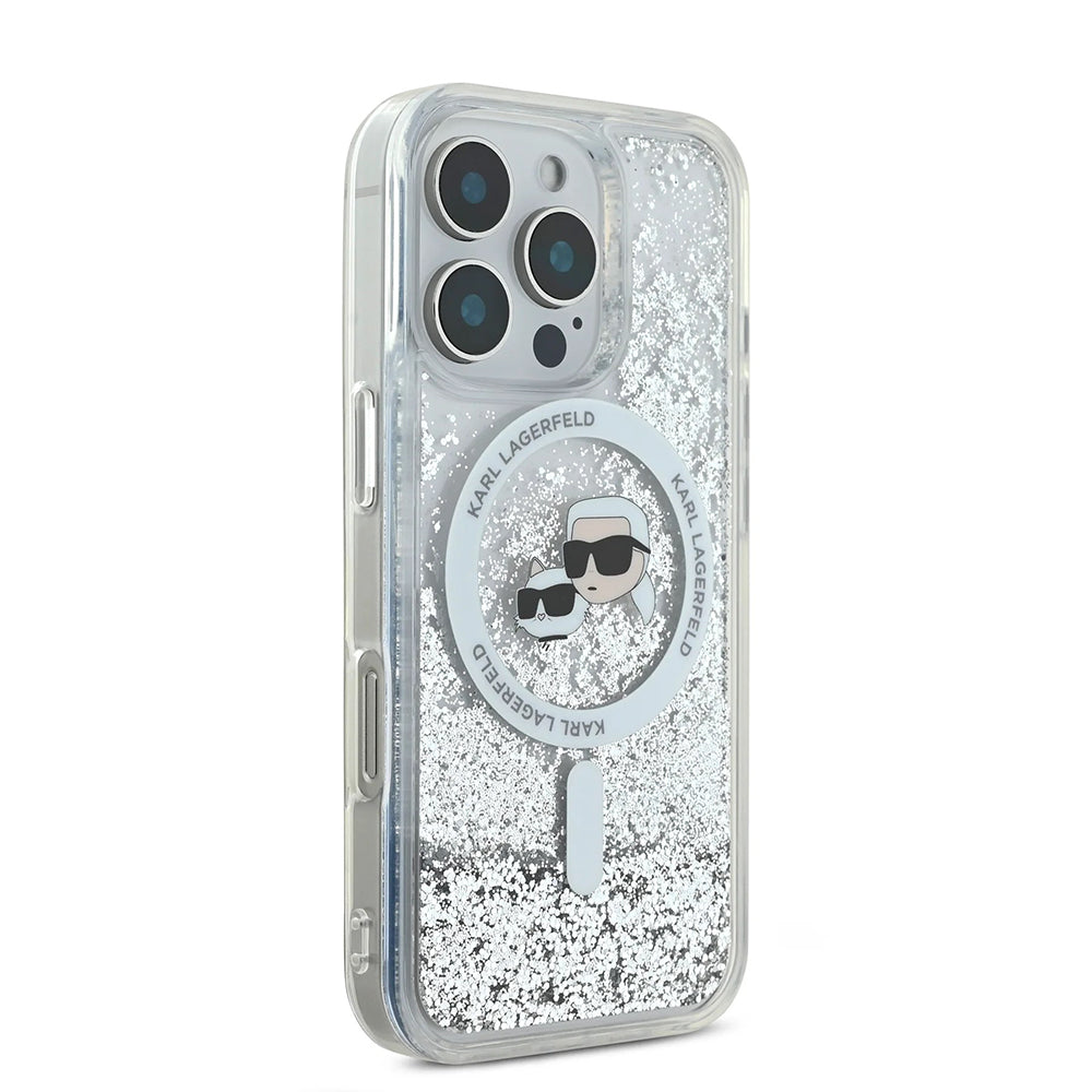 Θήκη MagSafe για Apple iPhone 16 Pro, Karl Lagerfeld, Liquid Glitter Karl & Choupette's Heads, Διαφανής